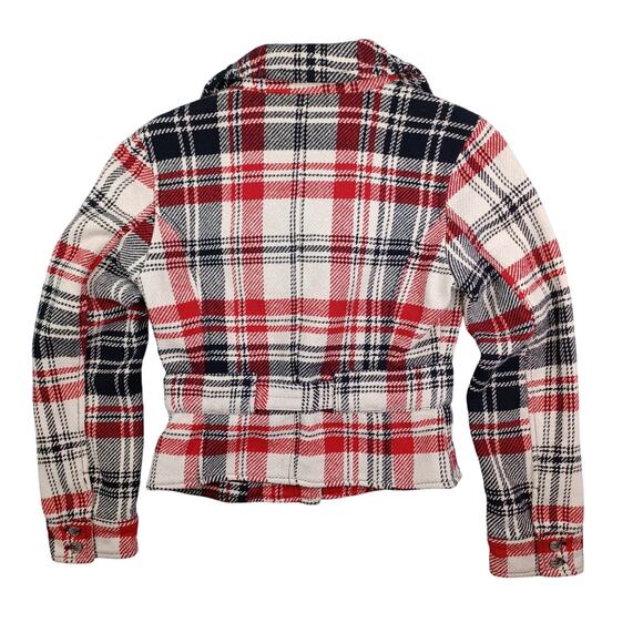 Express Women Plaid Wool Blend Moto Belted Jacket Medium Black Red Preppy Bomber - Picture 3 of 14